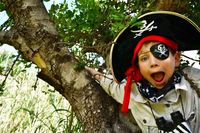 Junge spielt Pirat und sitzt im Baum