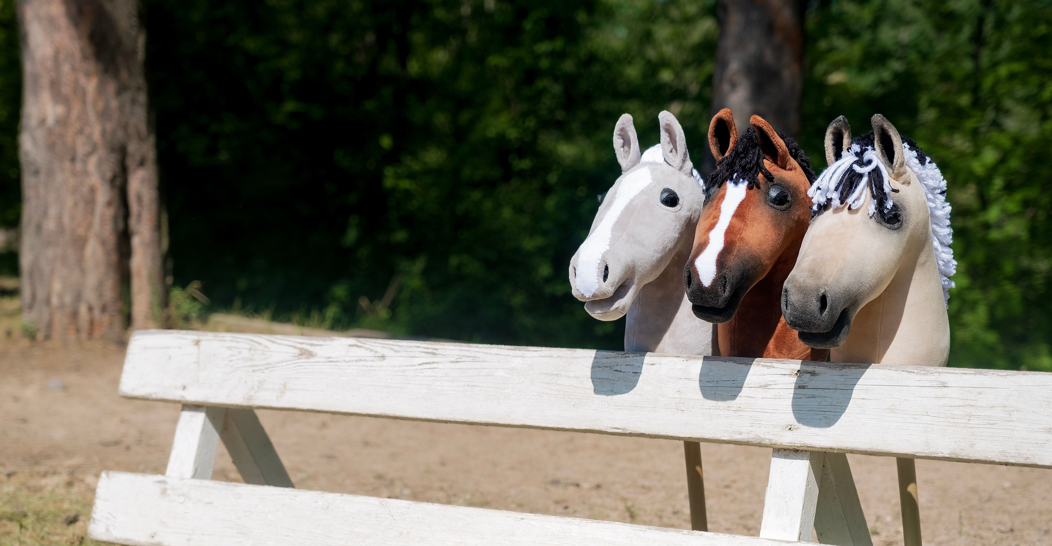 drei Hobby Horses stehen am Zaun